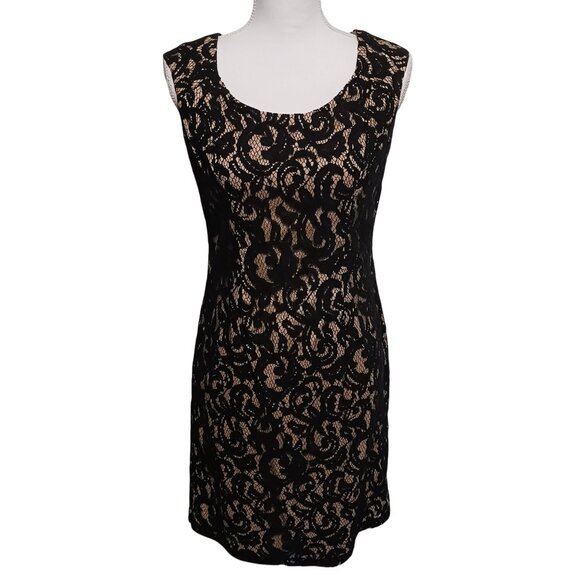 Adrianna Papell Embroidered Lace Overlay Sheath Dress Size 10 Black & Gold/Nude - Picture 1 of 14
